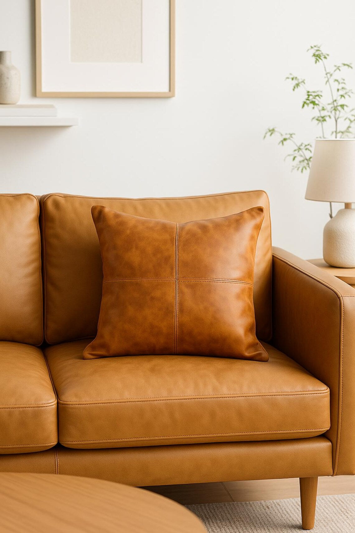 100% Tan Leather Cushion Cover - Brown