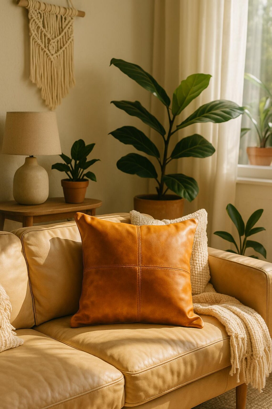 100% Tan Leather Cushion Cover - Brown