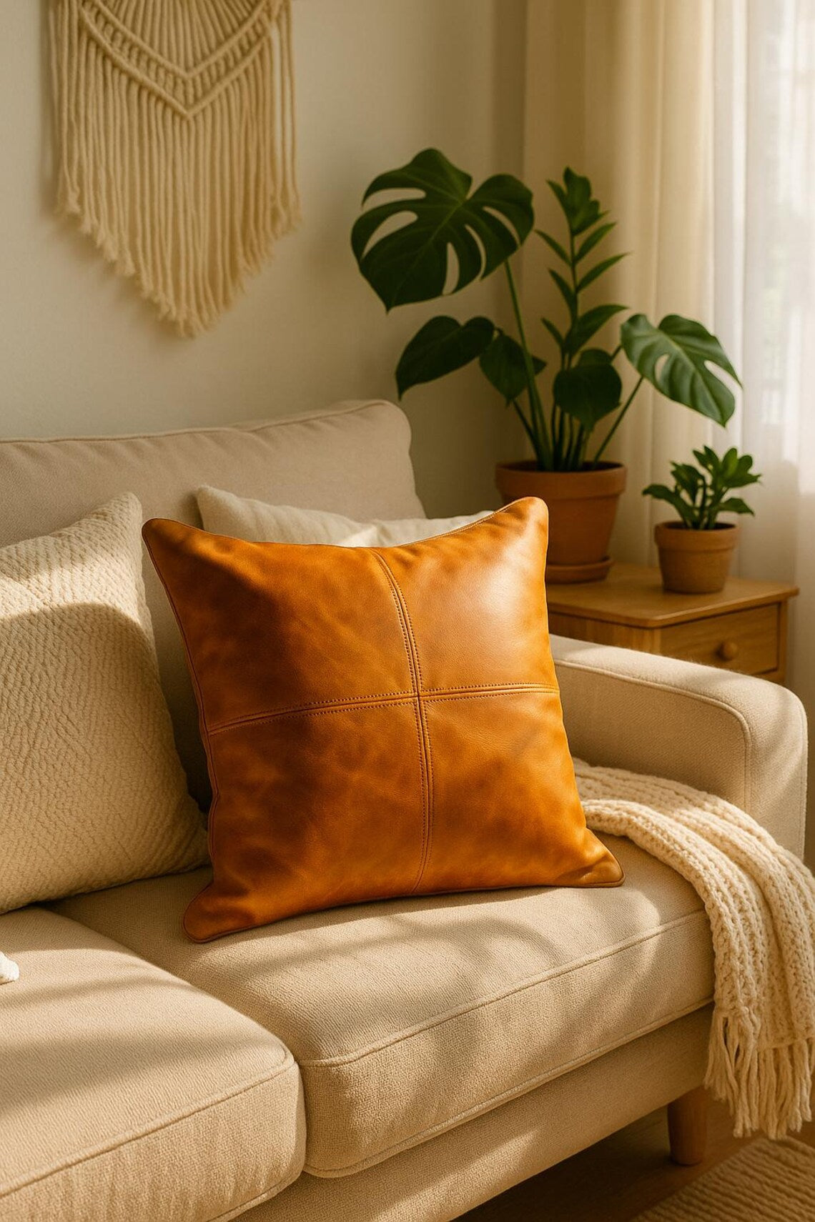 100% Tan Leather Cushion Cover - Brown