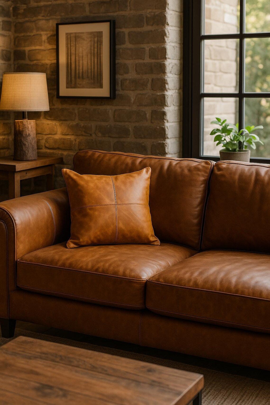 100% Tan Leather Cushion Cover - Brown