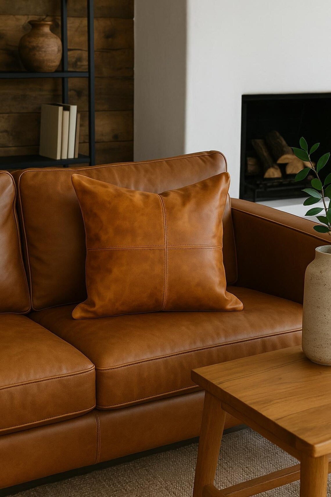 100% Tan Leather Cushion Cover - Brown