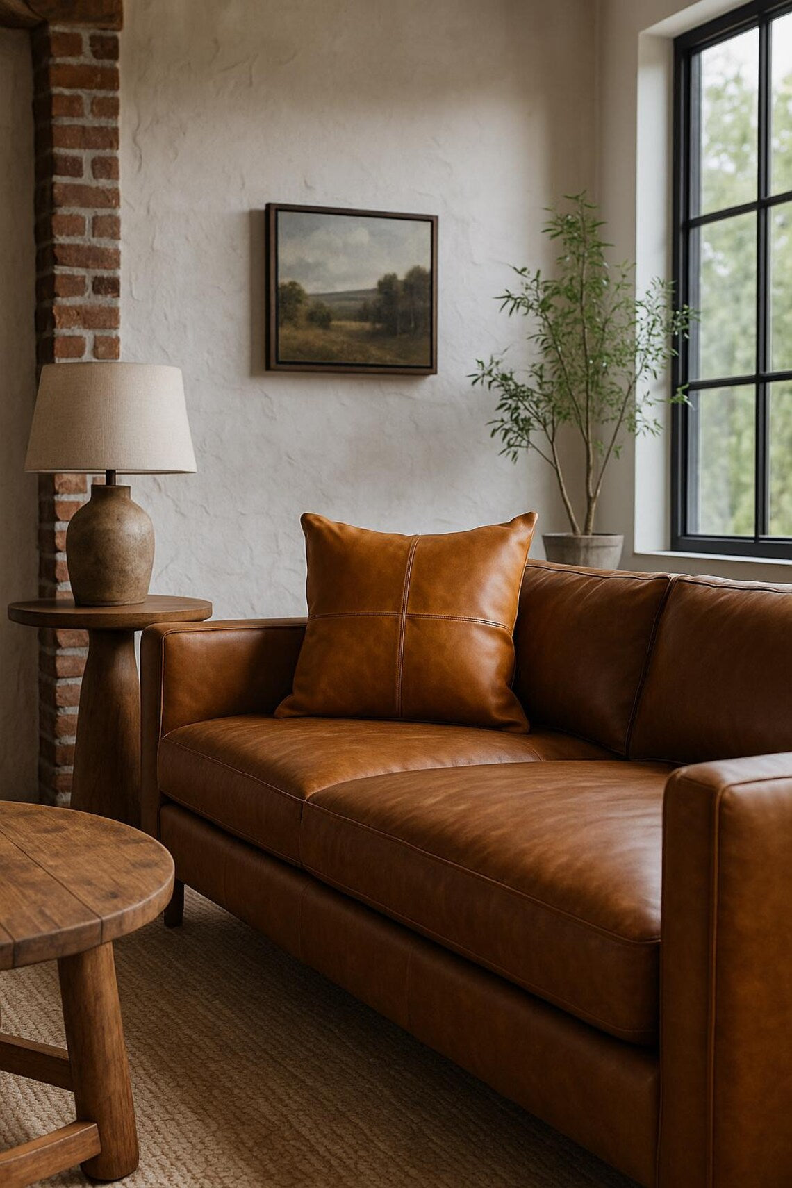 100% Tan Leather Cushion Cover - Brown