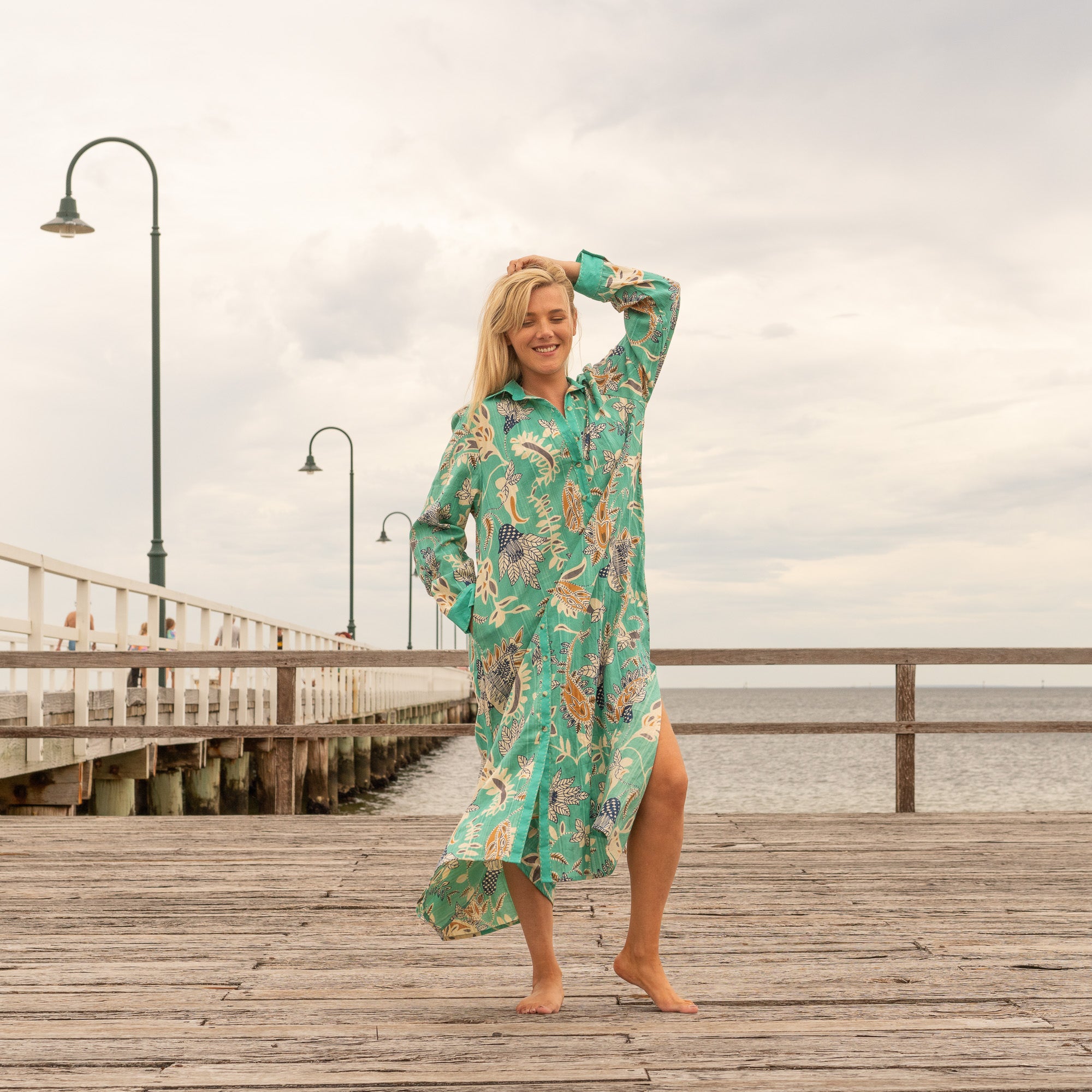 Green botanical cotton dress relaxed fit women
Resort wear cotton maxi dress Australian fashion
Handmade cotton shirt dress tropical print