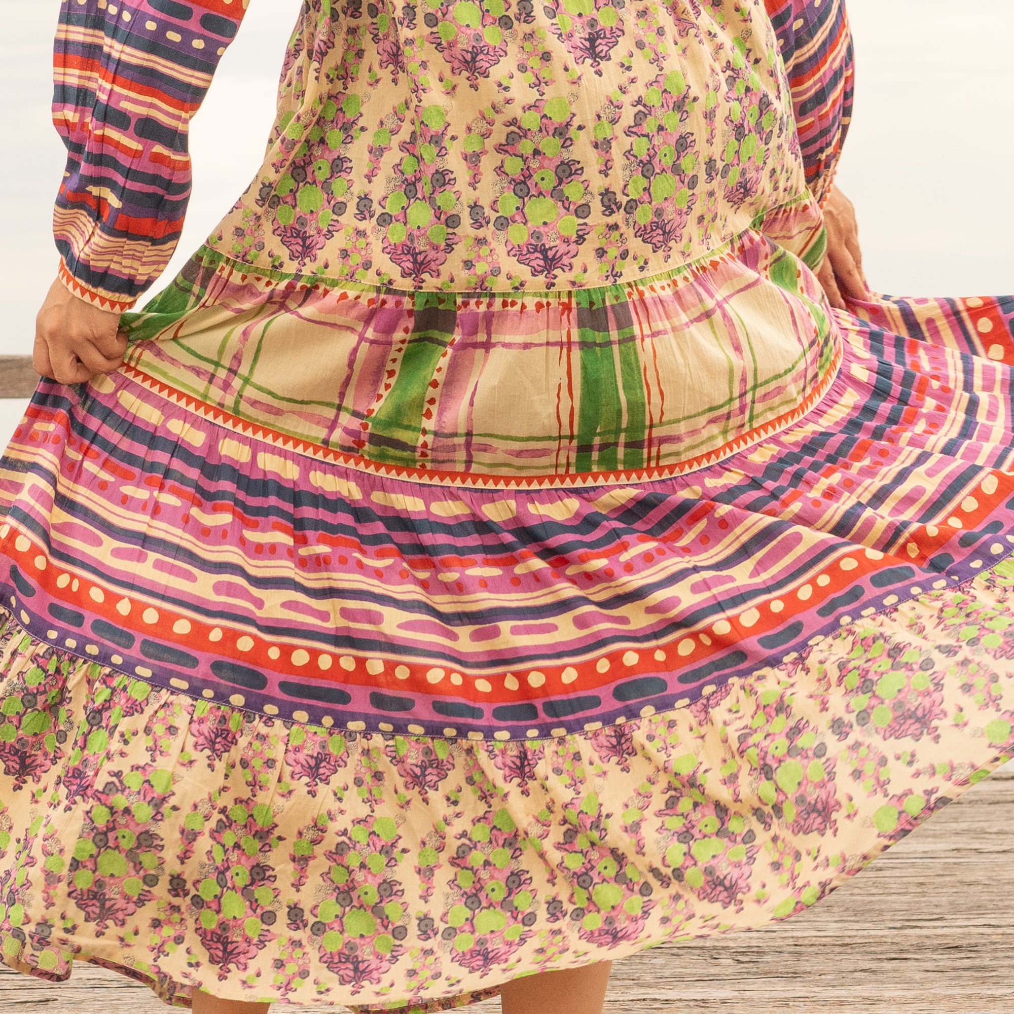 Boho Luxe Maxi Dress – Handcrafted Patchwork Floral in Purple, Pink & Green