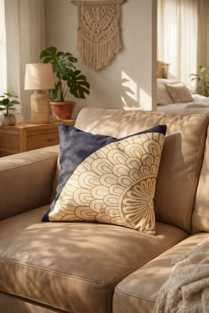 Handcrafted mandala cowhide leather cushion in blue and cream tones