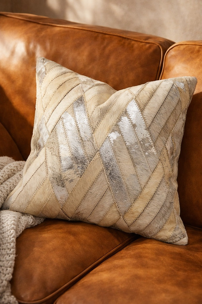 Ivory and silver leather cowhide cushion cover with natural hide texture