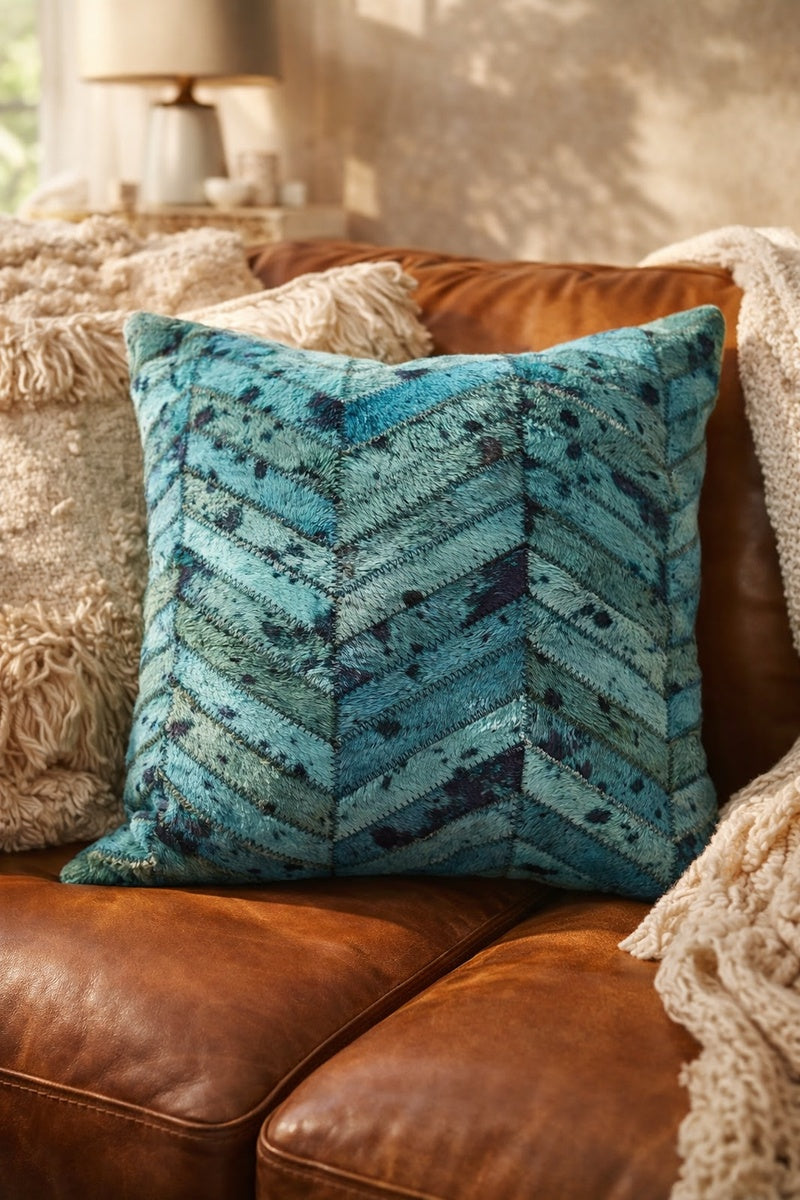 Coastal style teal cowhide pillow cover 40x40 in genuine hide