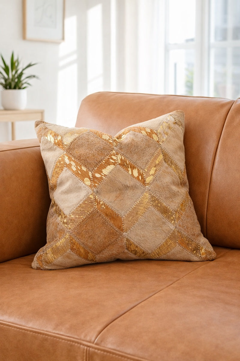 Decorative gold check cowhide leather cushion cover for glam living room styling