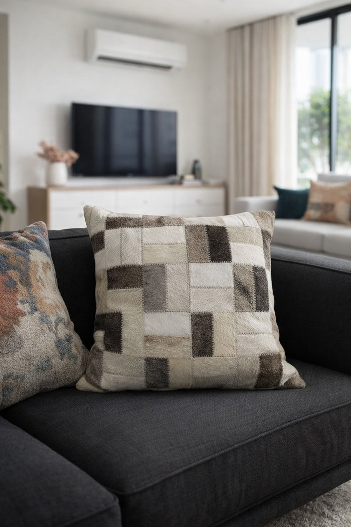 Handcrafted neutral cowhide leather checkerboard cushion cover 45x45 cm for rustic and contemporary interiors