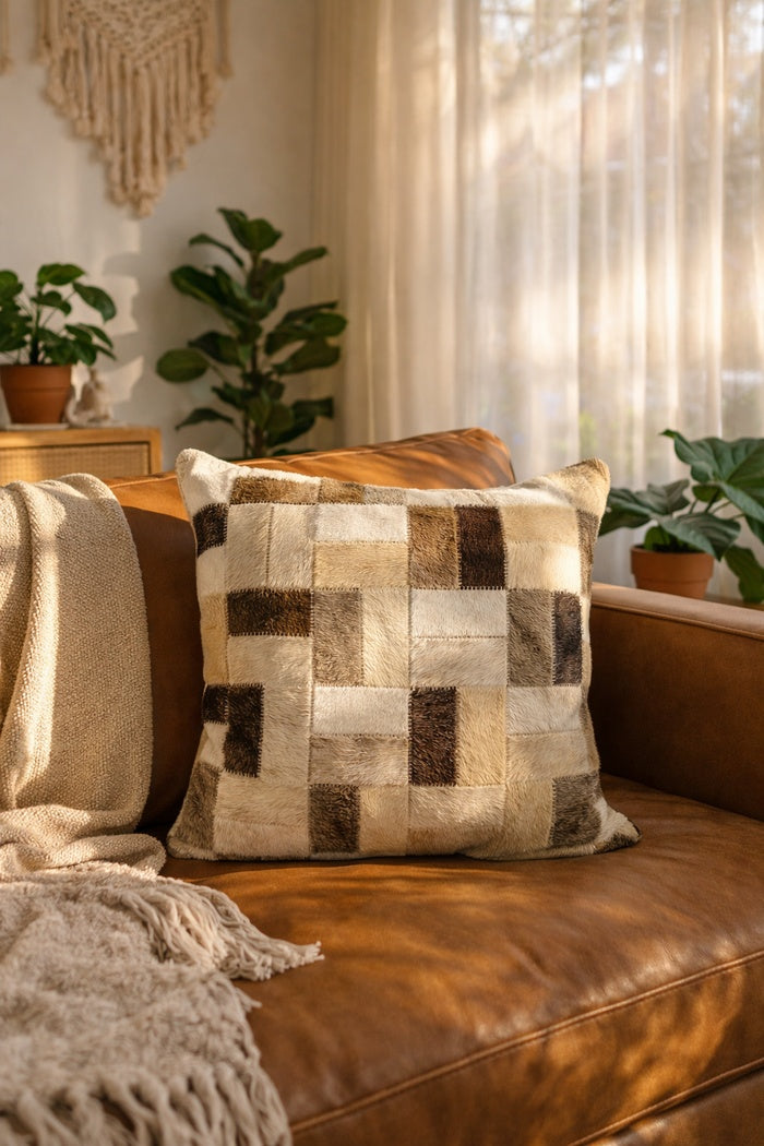 Premium 45x45 cm cowhide leather throw pillow cover in neutral tones with checkerboard pattern