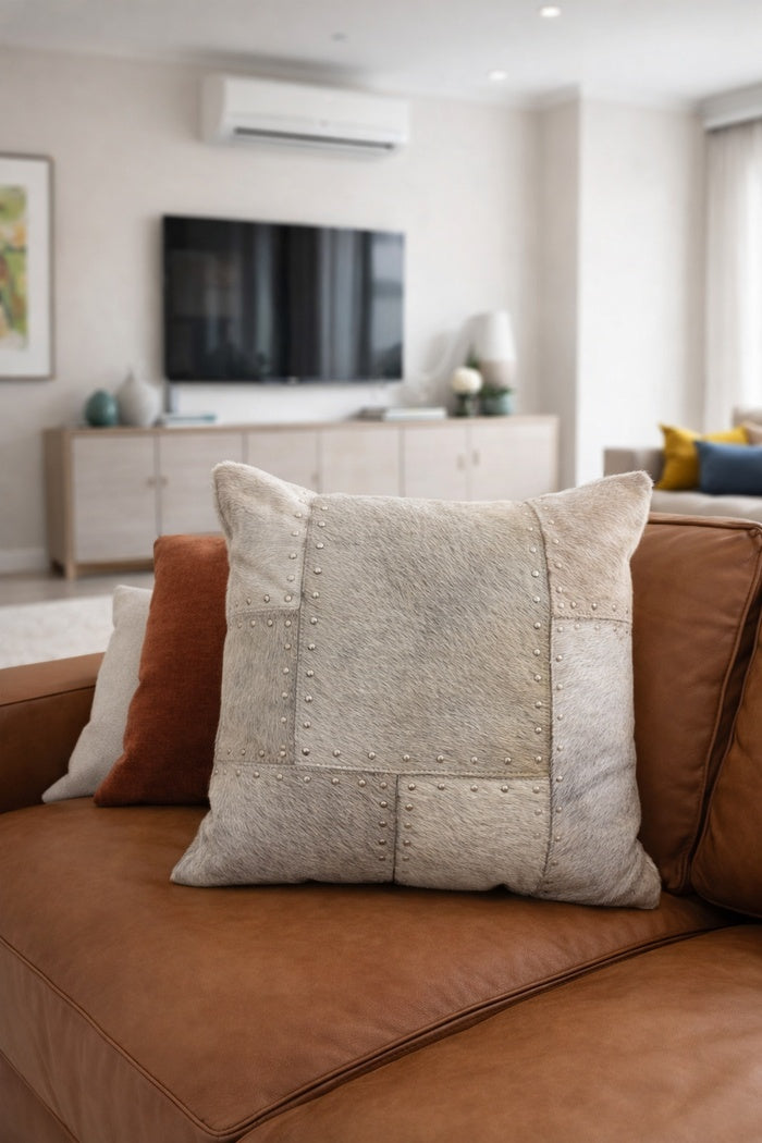 Studded cowhide leather cushion cover 40x40 cm with premium patchwork design for modern home decor