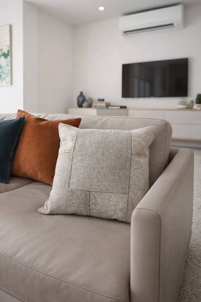 Handcrafted studded cowhide leather patchwork throw pillow case 40x40 cm for rustic and glam interiors