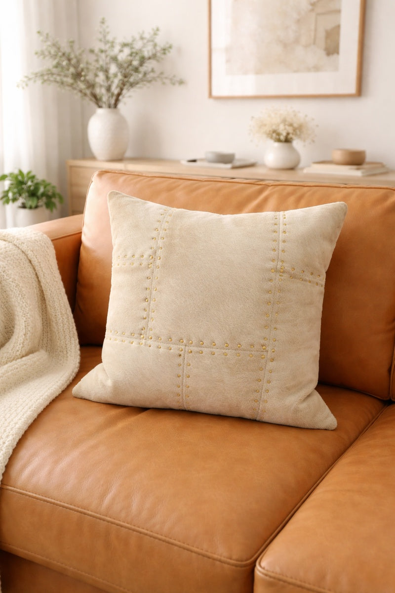 Premium ivory leather cushion cover 40x40cm featuring decorative brass studs