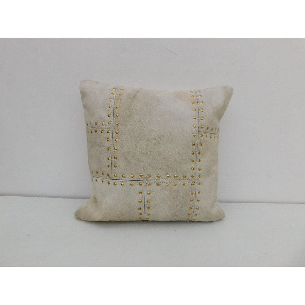 Elegant ivory cowhide leather cushion cover brass stud design home decor accent