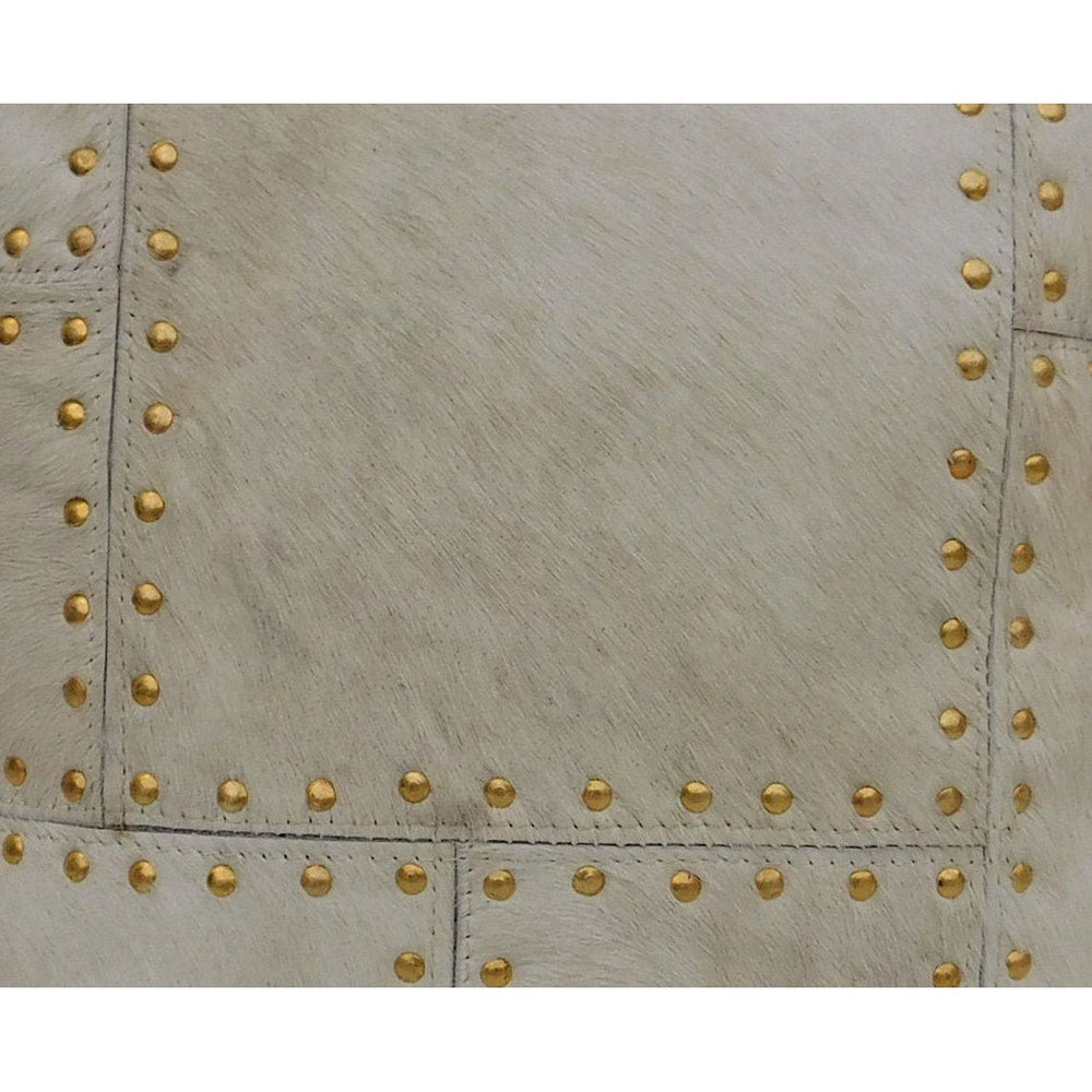 Handcrafted ivory leather cowhide pillow cover with brass stud detailing 40x40cm