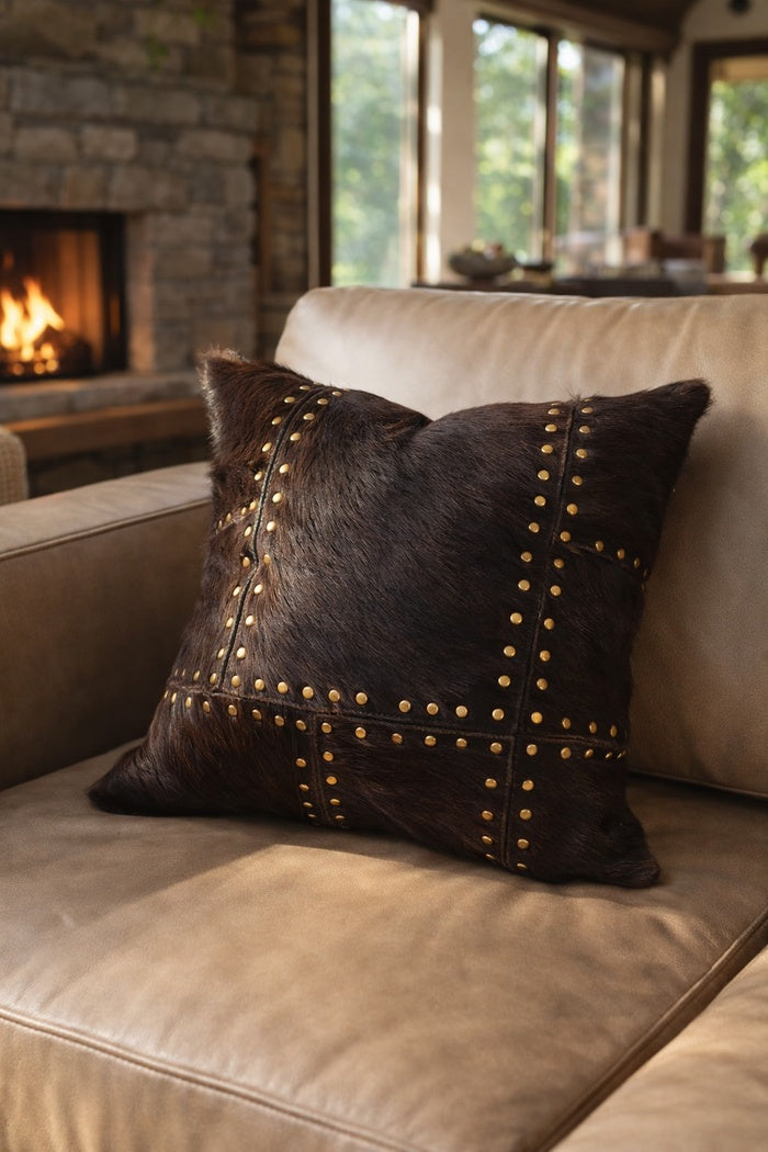 Studded cowhide leather cushion cover 40x40 cm with genuine hide front and cotton linen back