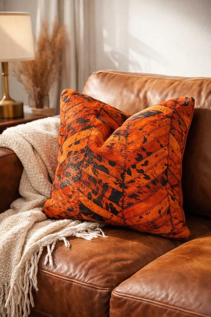 Orange and black cowhide cushion cover with natural leather texture