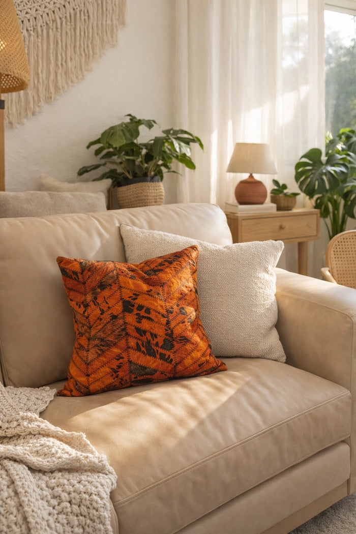 Modern orange and black cowhide cushion cover for contemporary interiors