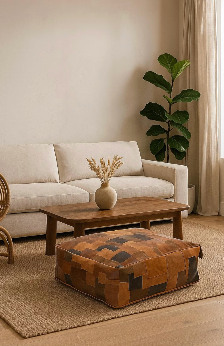 Genuine leather patchwork ottoman in tan and dark brown beside a leather sofa with rustic stone wall decor