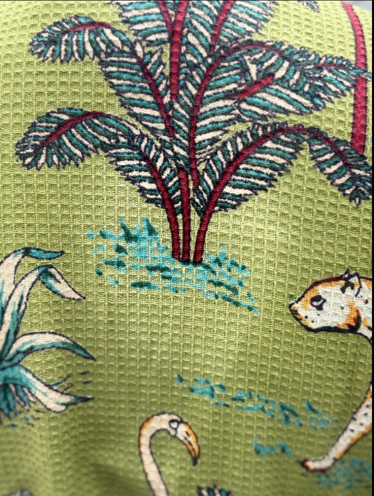 Green safari print cotton waffle kimono robe for women, lightweight bathrobe and lounge wear.