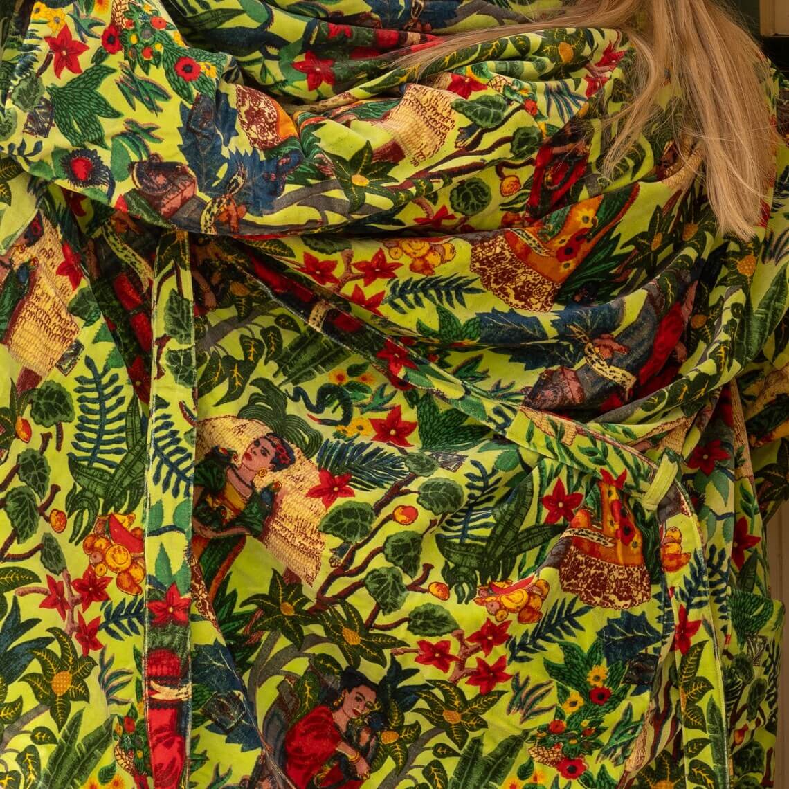 Green Kahlo 100% Cotton Velvet Kimono Robe
