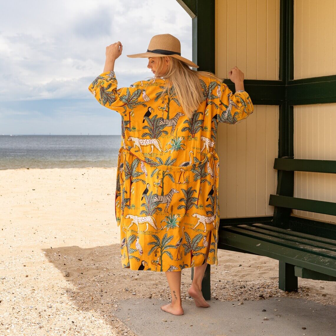 Yellow Junge 100% Cotton Velvet Kimono Robe
