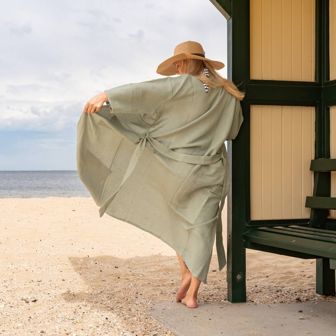 Unisex Waffle Linen Robe, Cotton Kimono Robe - Pale Green