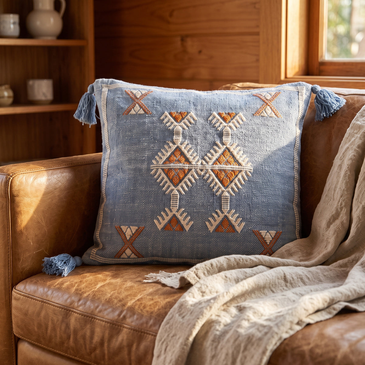 Blue woven tribal cushion cover with tassel corners on a leather sofa