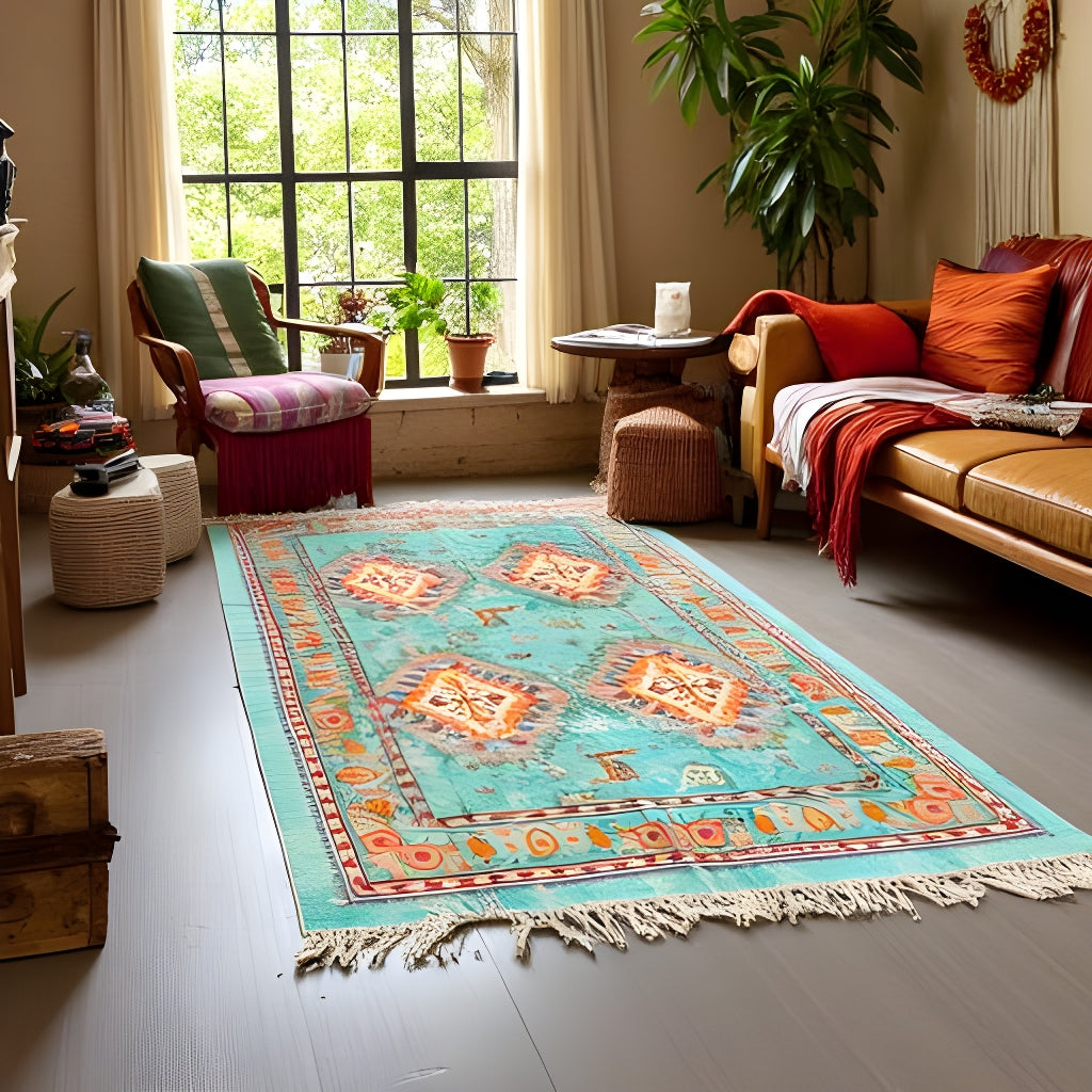 Bohemian Turquoise Tribal Rug - 120x180cm Handwoven Cotton Accent
