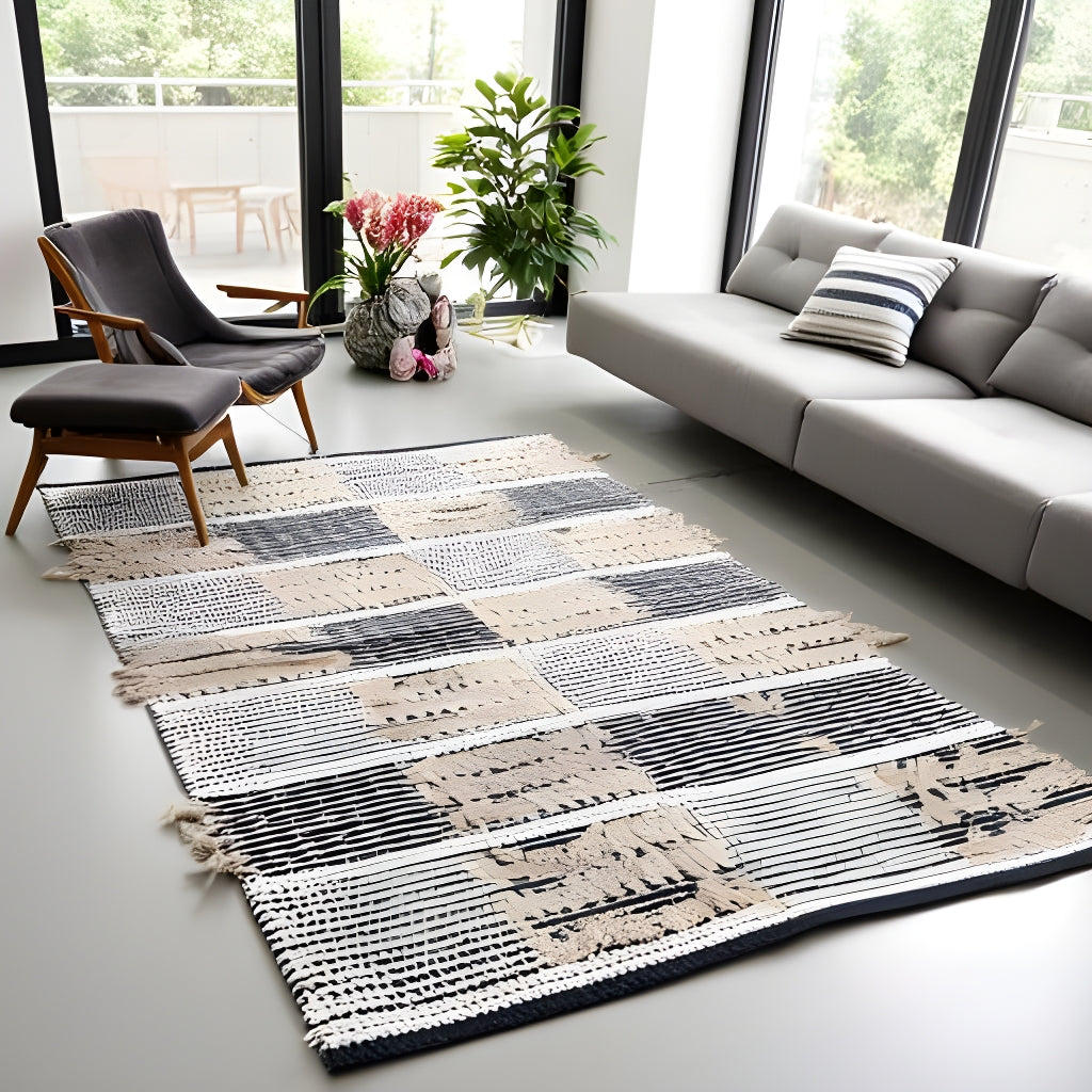 Scandinavian Handwoven Cotton Rug - Neutral Geometric Patchwork