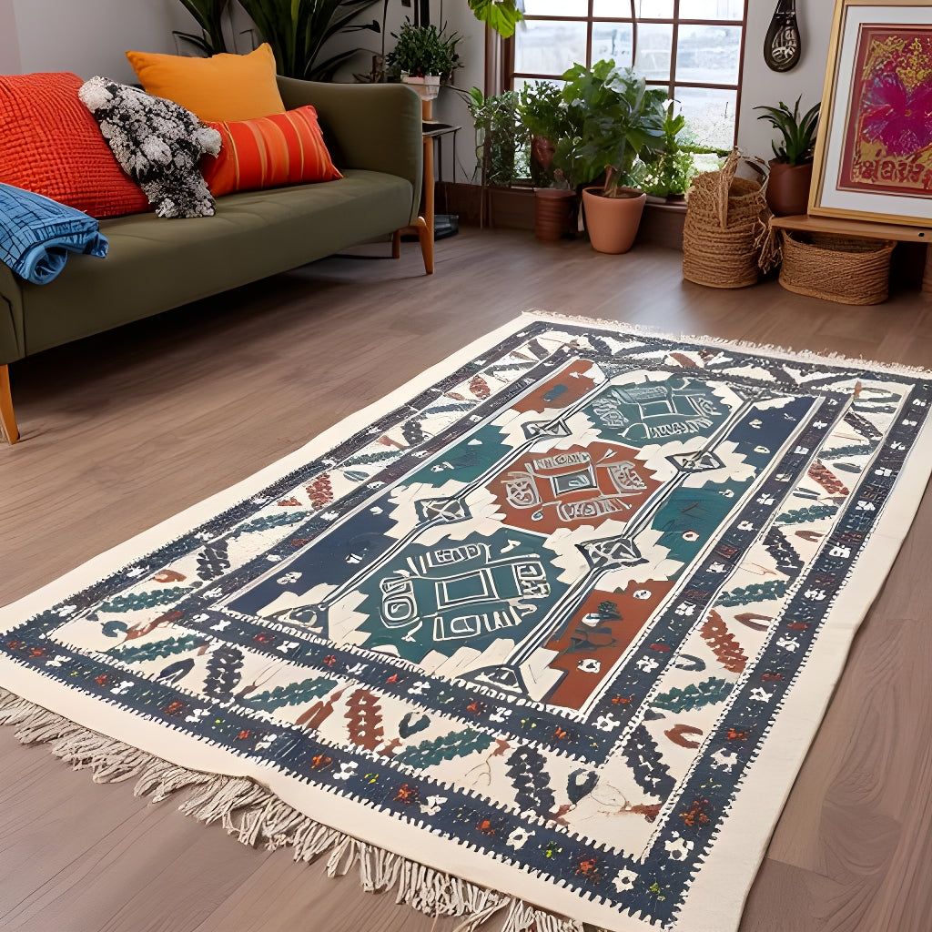 Boho Geometric Kilim Rug – 120x180cm Tribal Cotton Flatweave