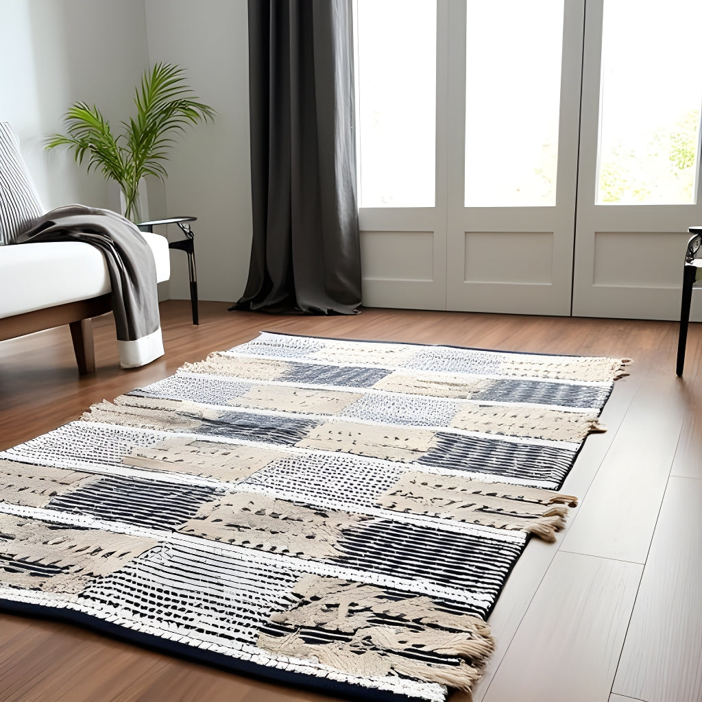 Scandinavian Handwoven Cotton Rug - Neutral Geometric Patchwork