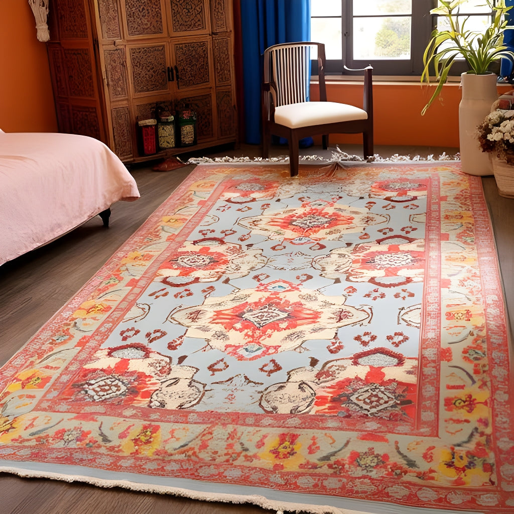 Vintage Pastel Medallion Rug – 120x180cm Soft Blue & Terracotta Flatweave