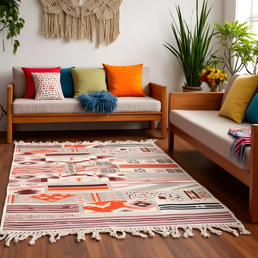 Modern Boho Abstract Rug – 120x180cm Flatweave Cotton with Fringe