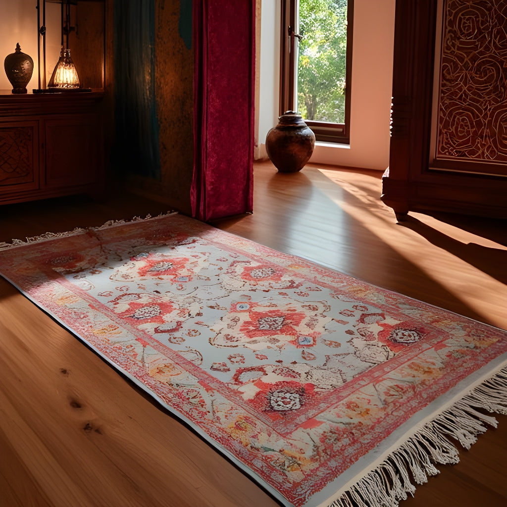 Vintage Pastel Medallion Rug – 120x180cm Soft Blue & Terracotta Flatweave