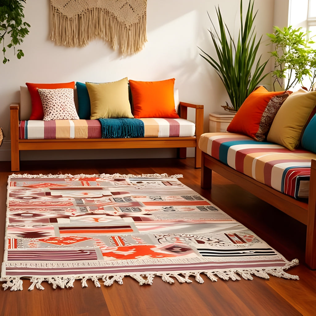 Modern Boho Abstract Rug – 120x180cm Flatweave Cotton with Fringe