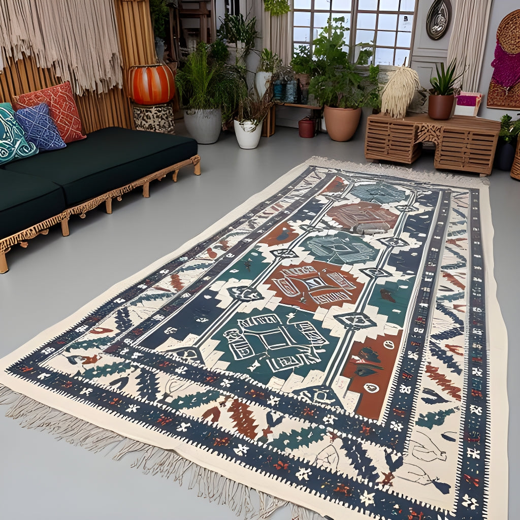 Boho Geometric Kilim Rug – 120x180cm Tribal Cotton Flatweave