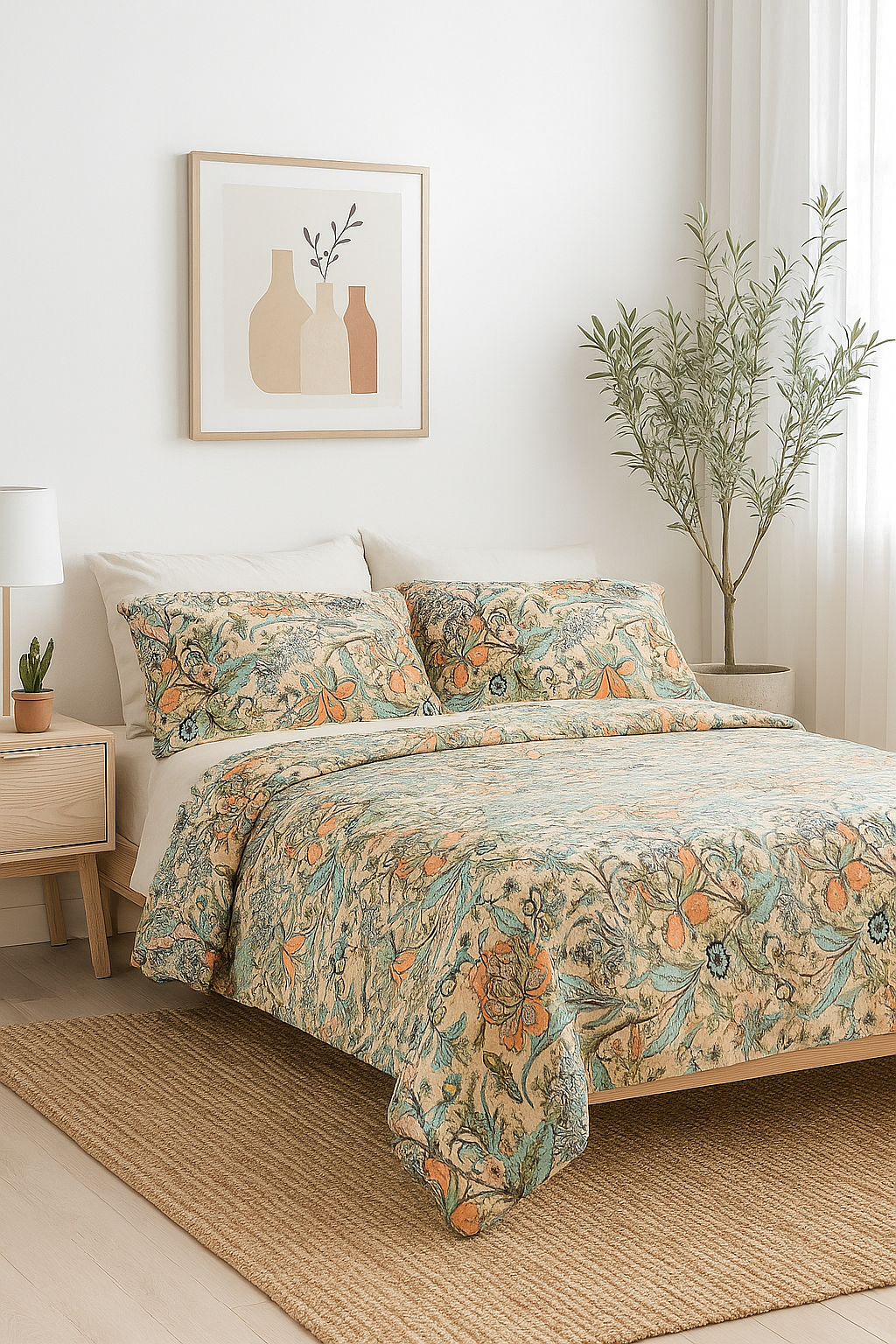 Floral Paradise Cotton Quilt Set – Handcrafted, Reversible, Queen/King Size