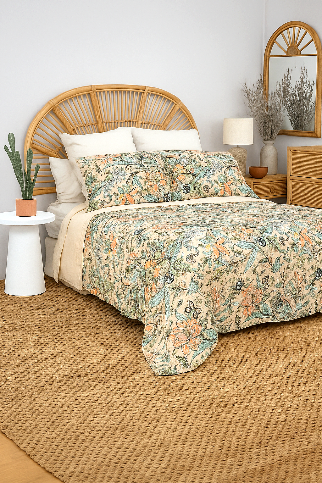 "Floral cotton quilt set with matching pillowcases in peach, green, and aqua botanical print – Linen Connections"