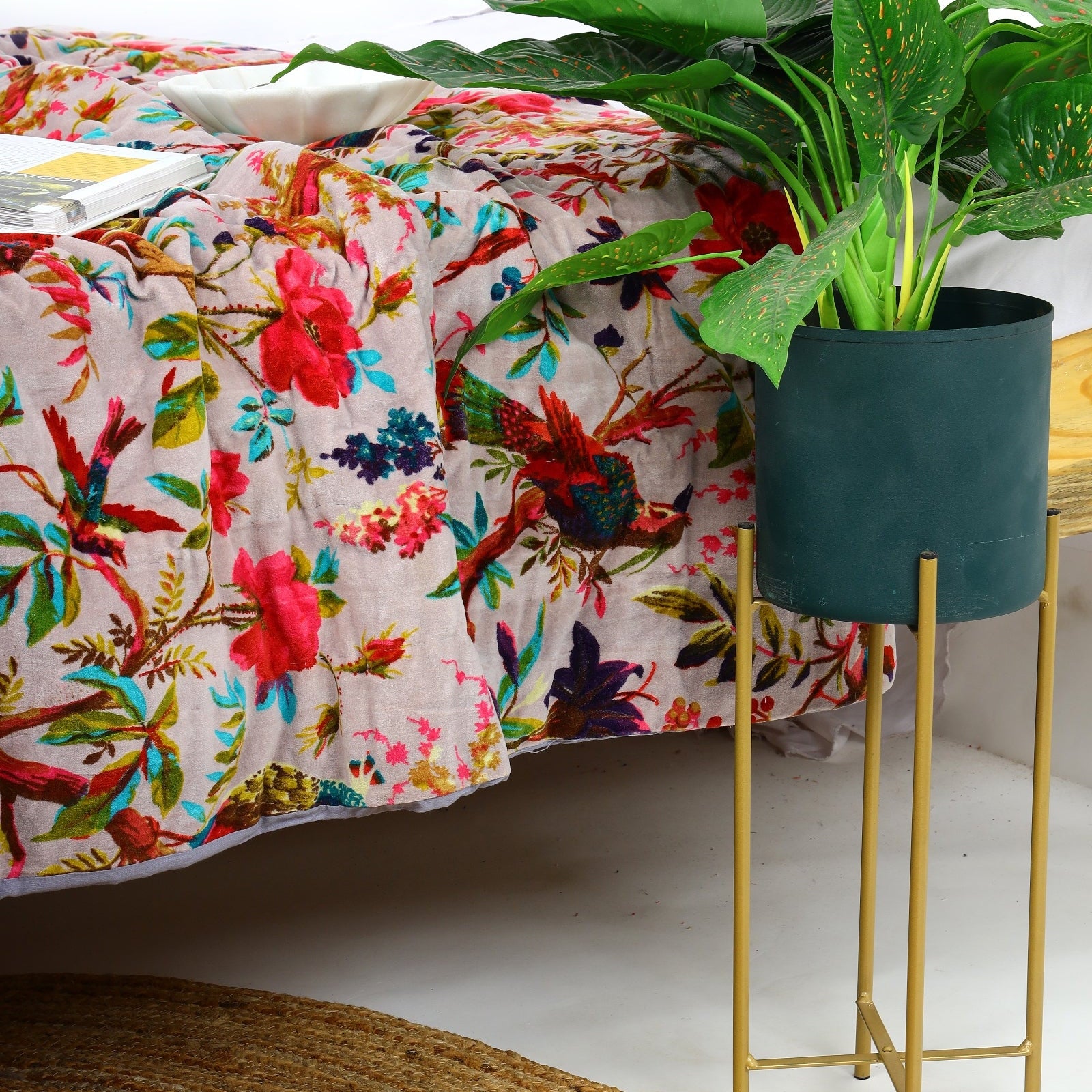 Velvet Floral Kantha Quilt - Bird Paradise Pink