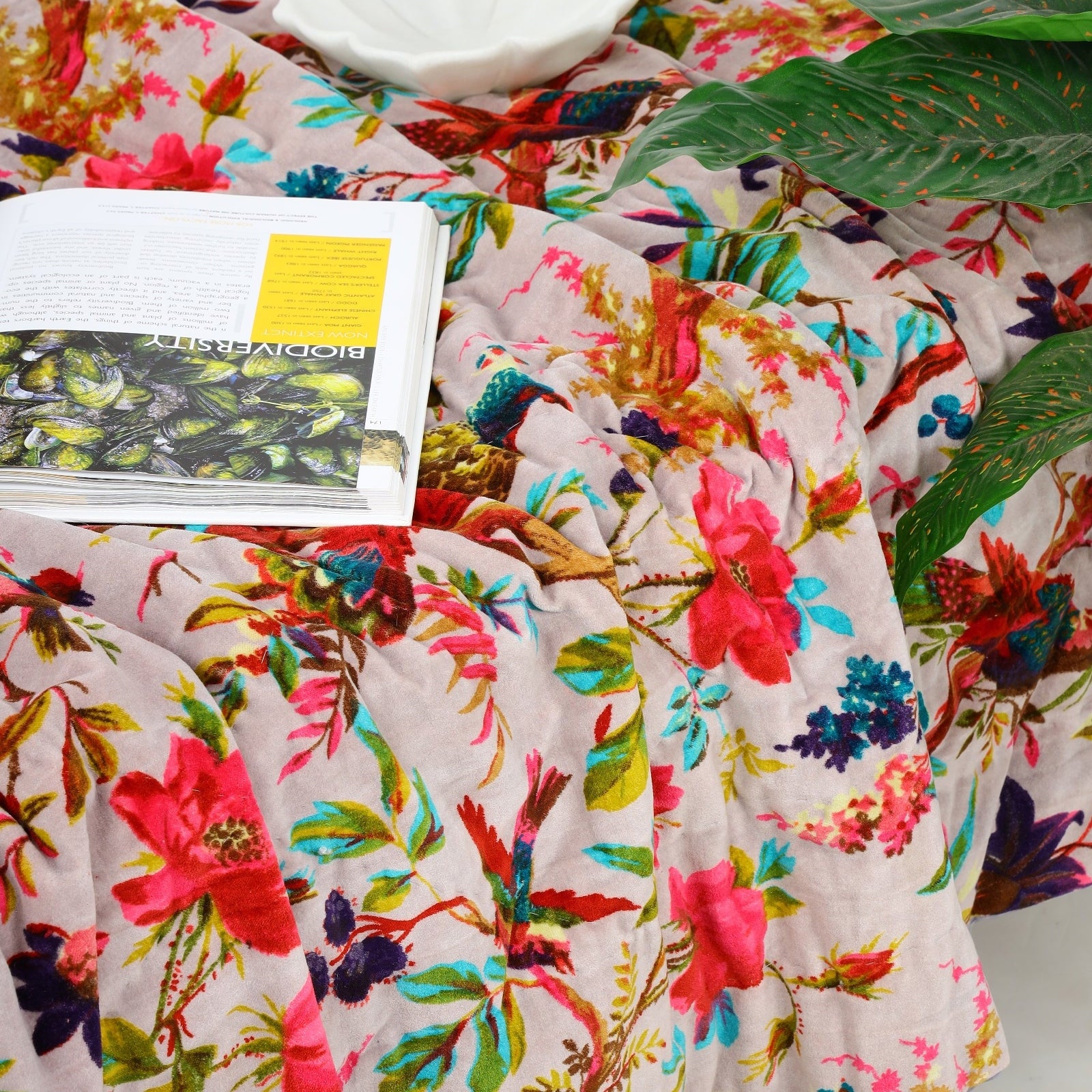 Velvet Floral Kantha Quilt - Bird Paradise Pink