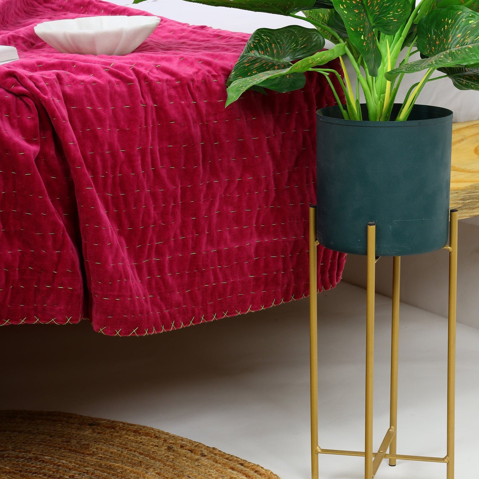 Handmade Velvet Kantha Quilt - Boho Block Print Bedspread