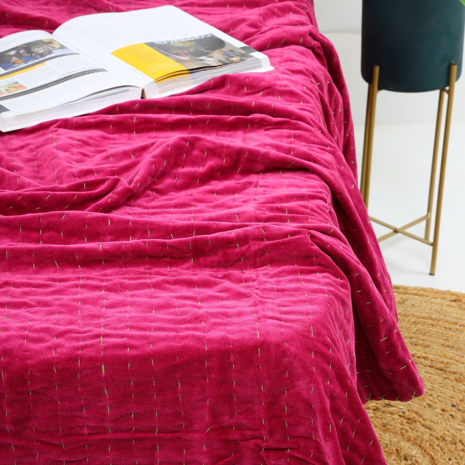 Handmade Velvet Kantha Quilt - Boho Block Print Bedspread