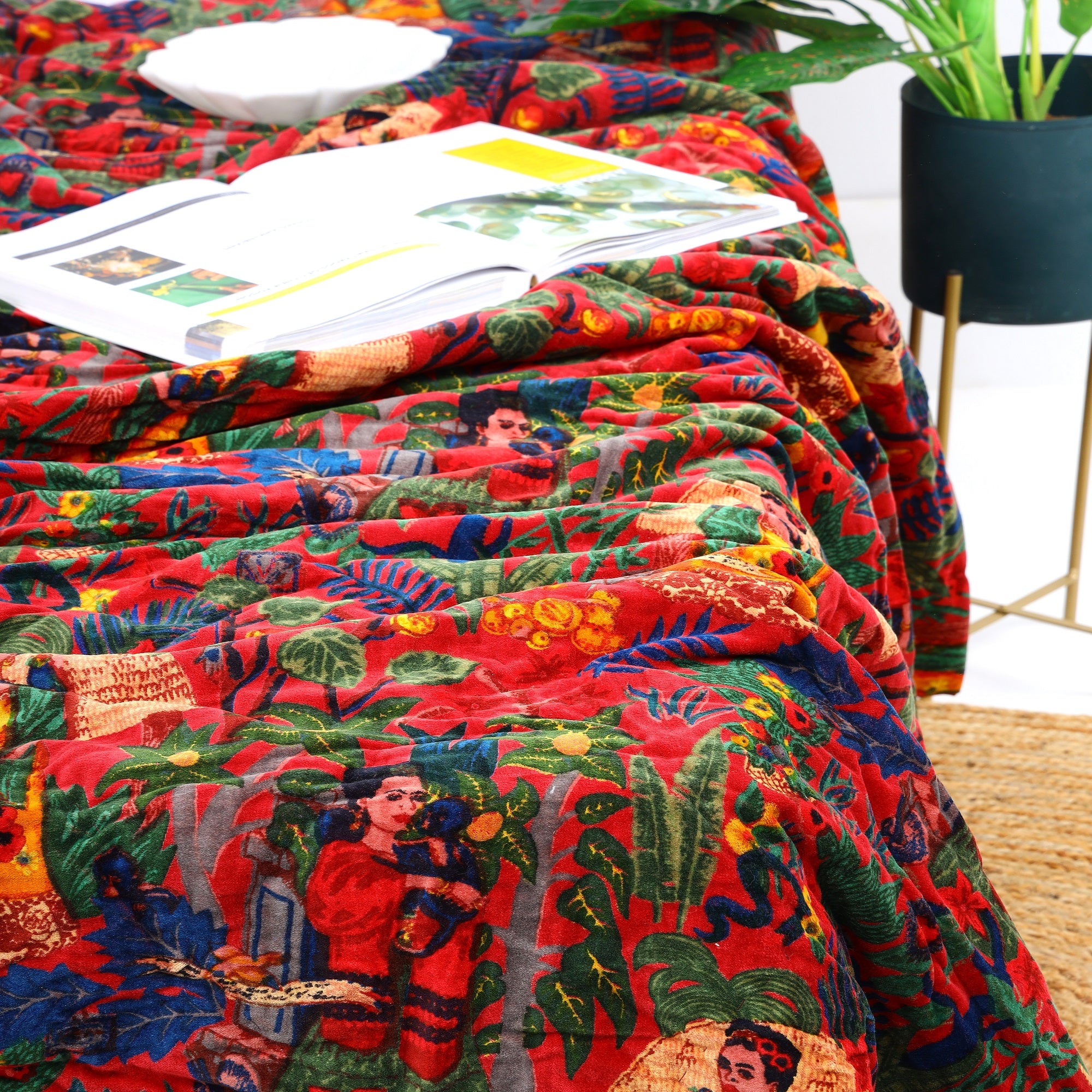 Velvet Floral Kantha Quilt - Frida Red