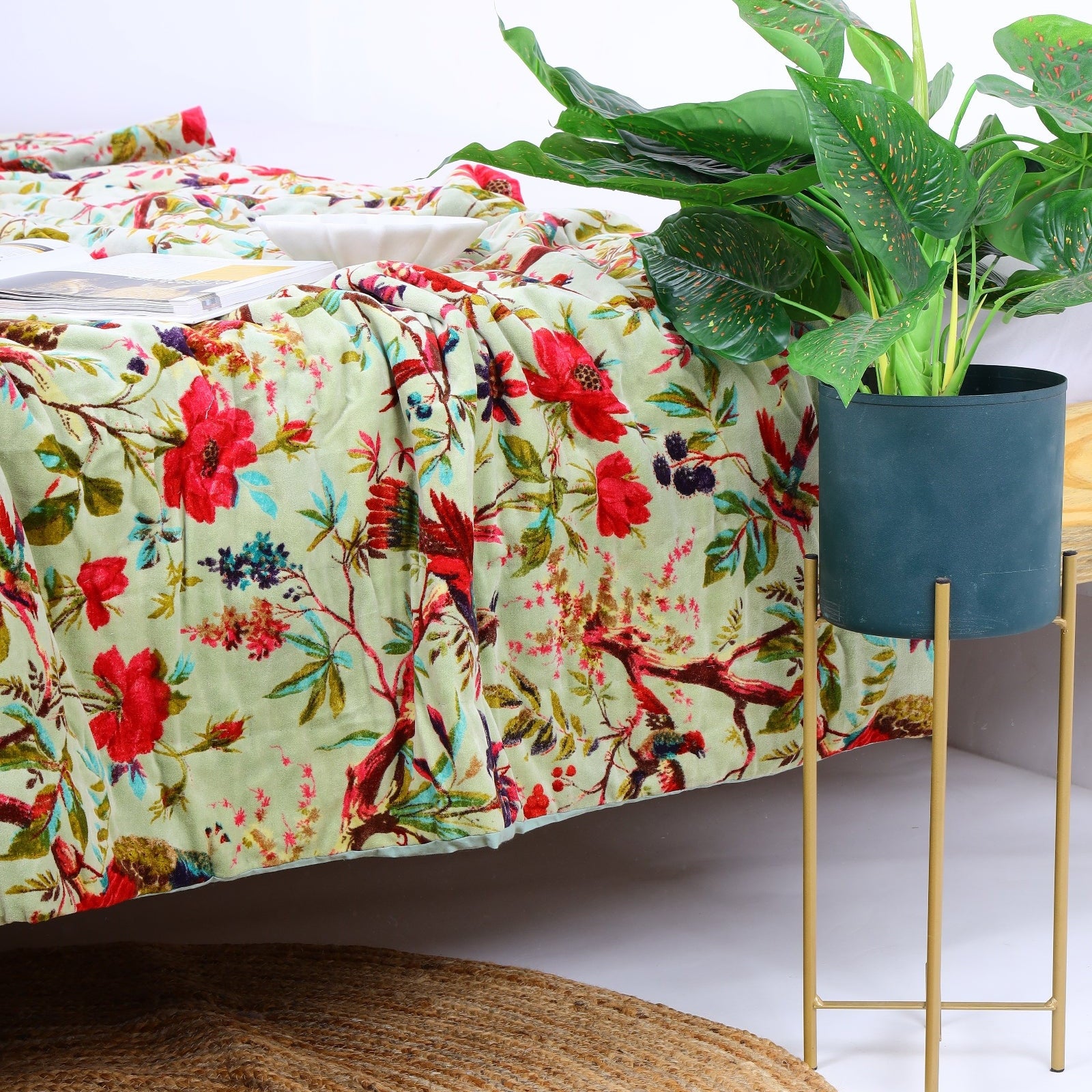 Velvet Floral Kantha Quilt - Green Cannary