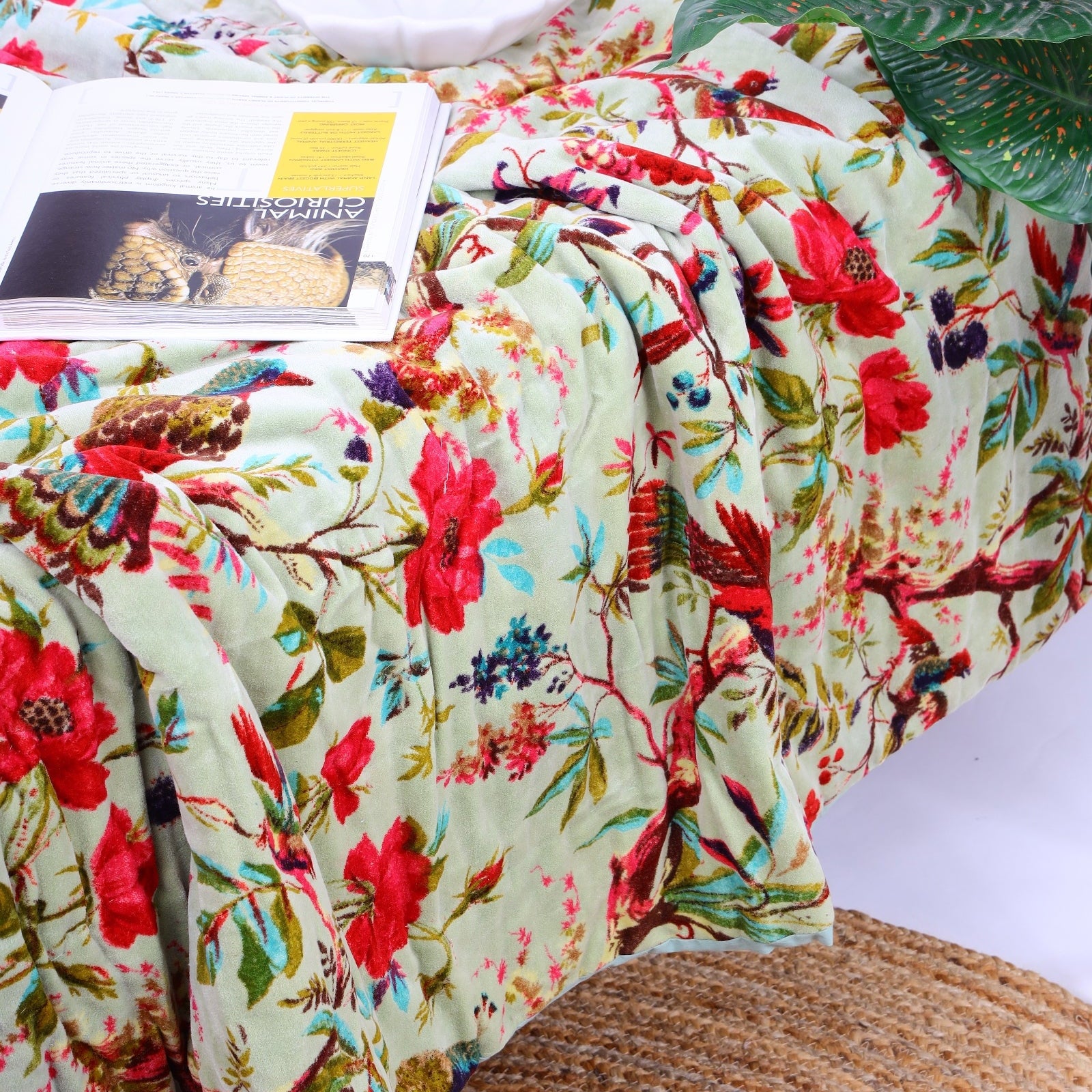 Velvet Floral Kantha Quilt - Green Cannary