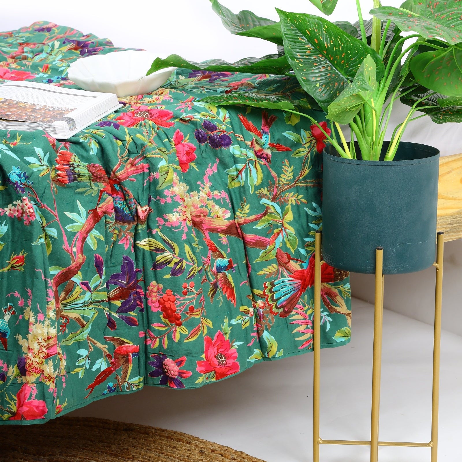 Velvet Floral Kantha Quilt - Bird Paradise Bottle Green