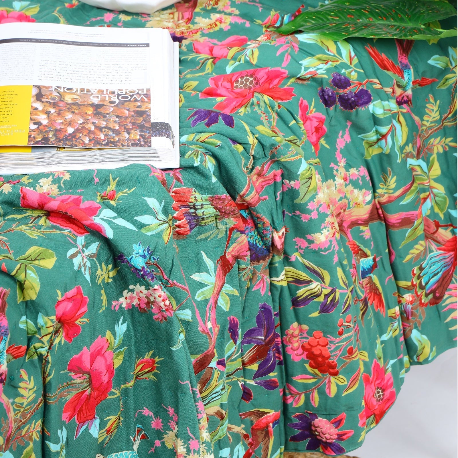 Velvet Floral Kantha Quilt - Bird Paradise Bottle Green