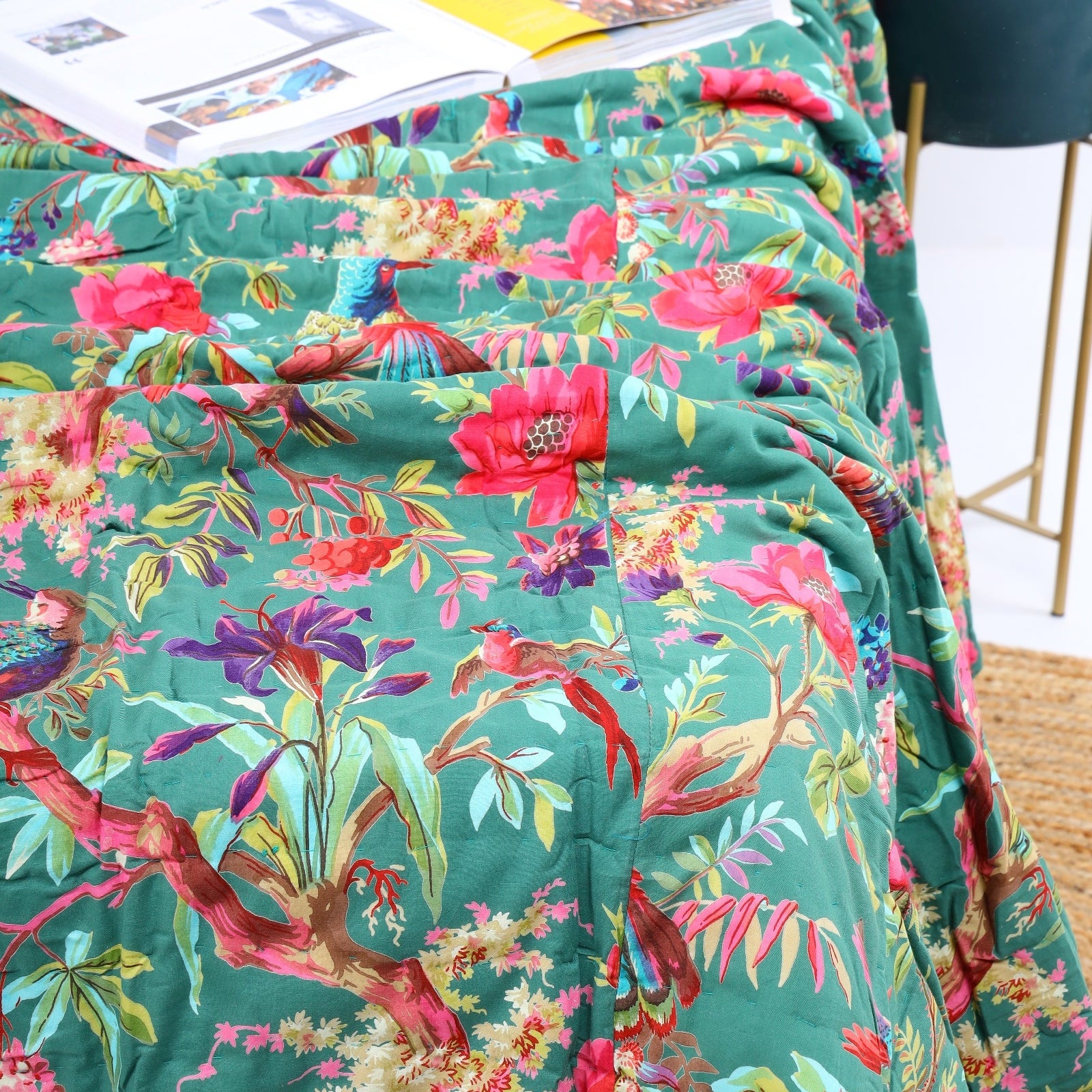 Velvet Floral Kantha Quilt - Bird Paradise Bottle Green