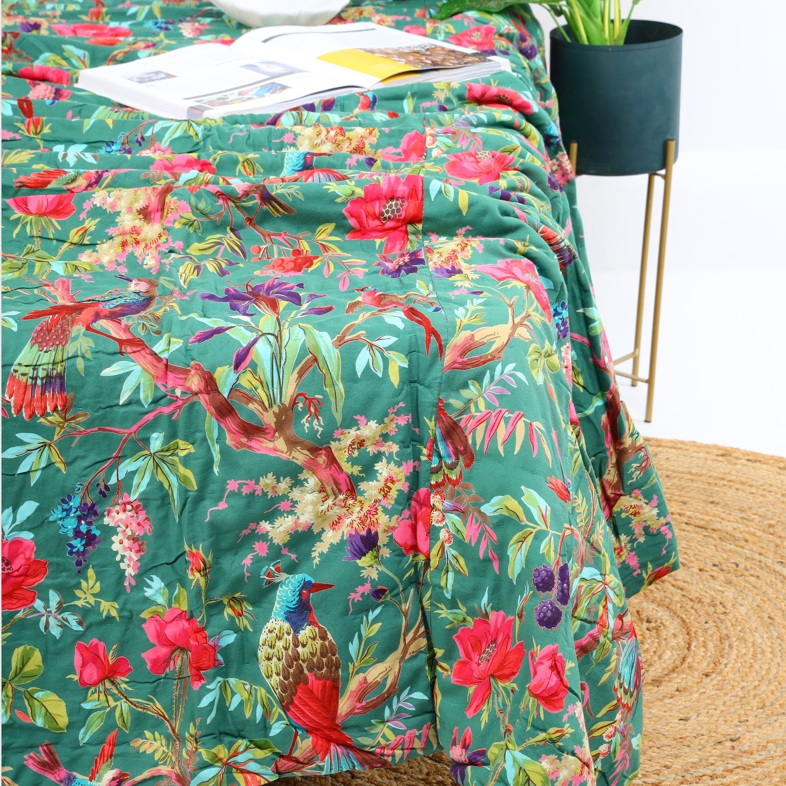Velvet Floral Kantha Quilt - Bird Paradise Bottle Green
